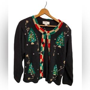 Vtg Lisa International Sweater Women Medium‎ Cardigan Christmas Button Black